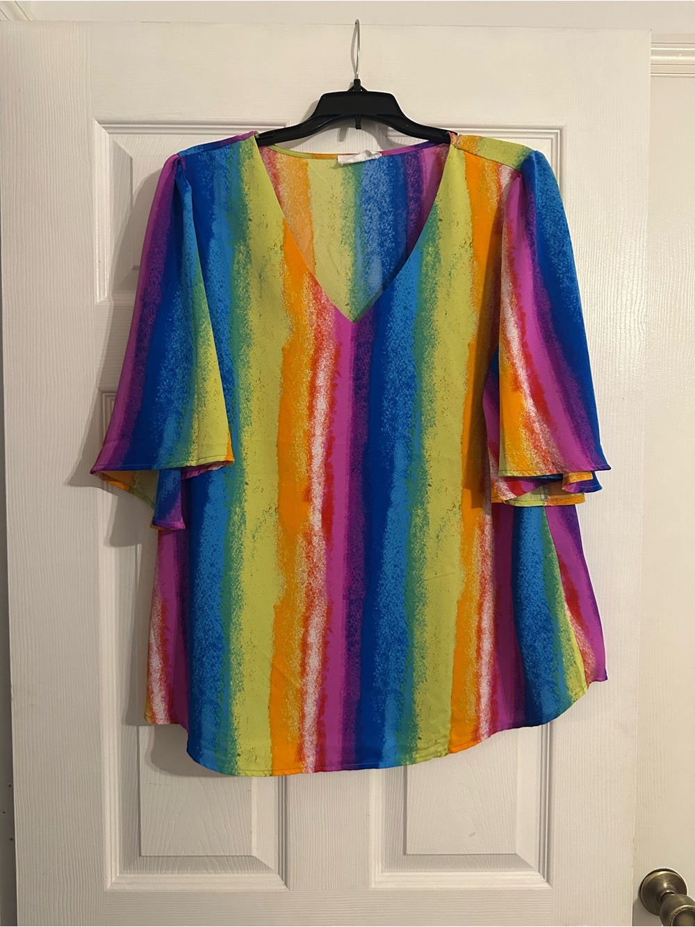 Rainbow Stripe V-Neck Flutter Sleeve Blouse - Multicolor